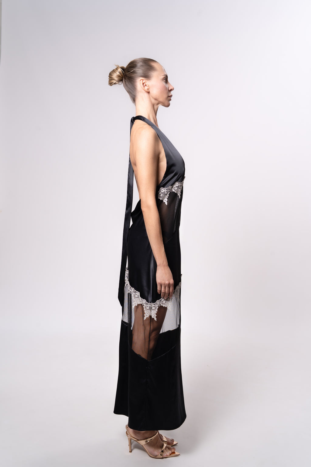 Sheer and Satin Halter Midi Dress with Lace Trim in Black