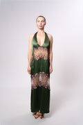 Sheer and Satin Halter Midi Dress with Lace Trim in Green