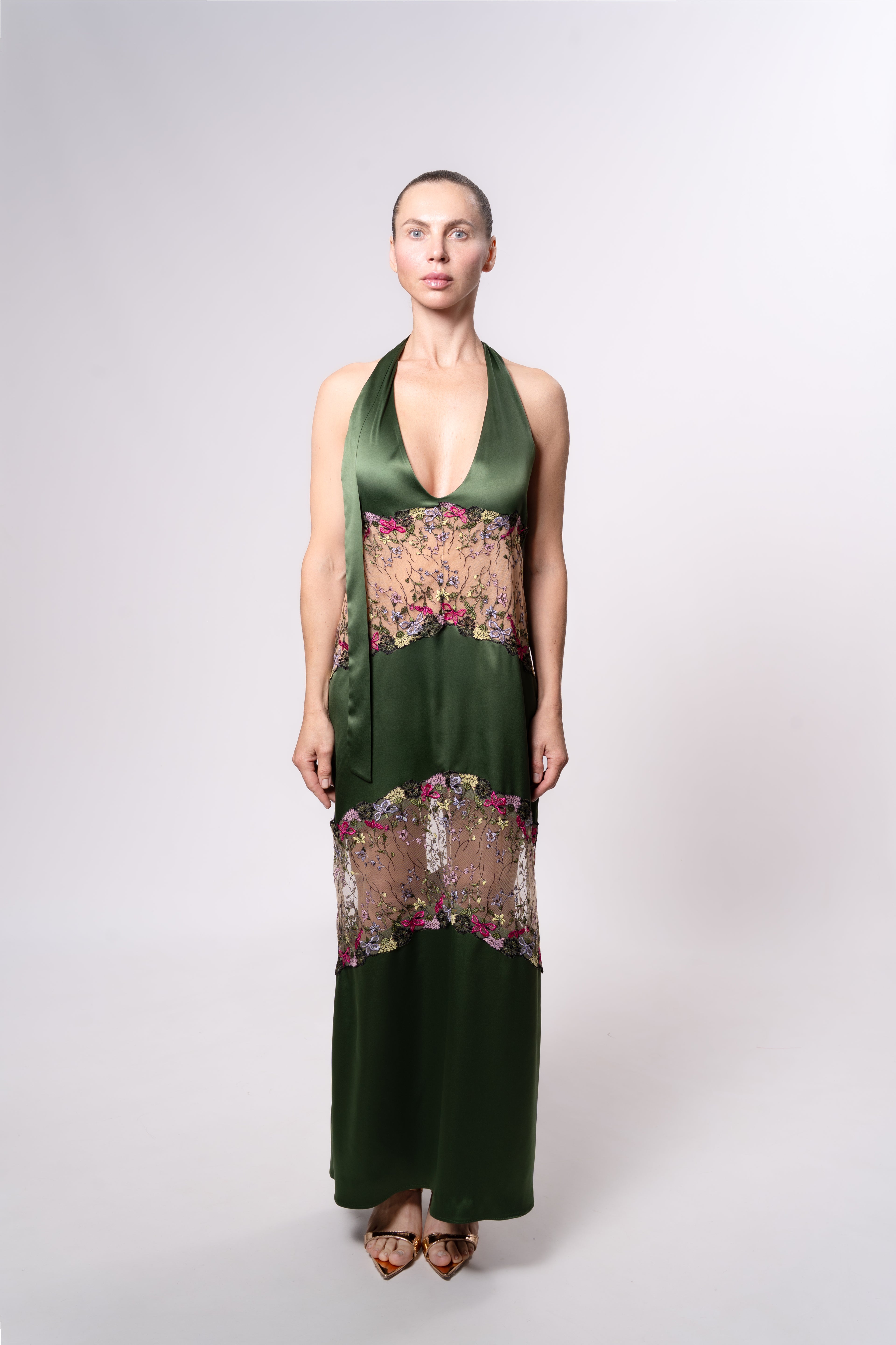 Sheer and Satin Halter Midi Dress with Lace Trim in Green