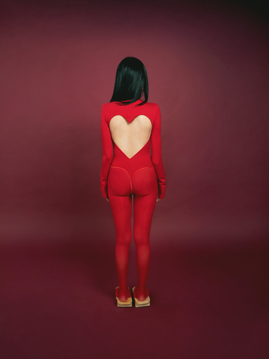 Open Back Heart Bodysuit In Red