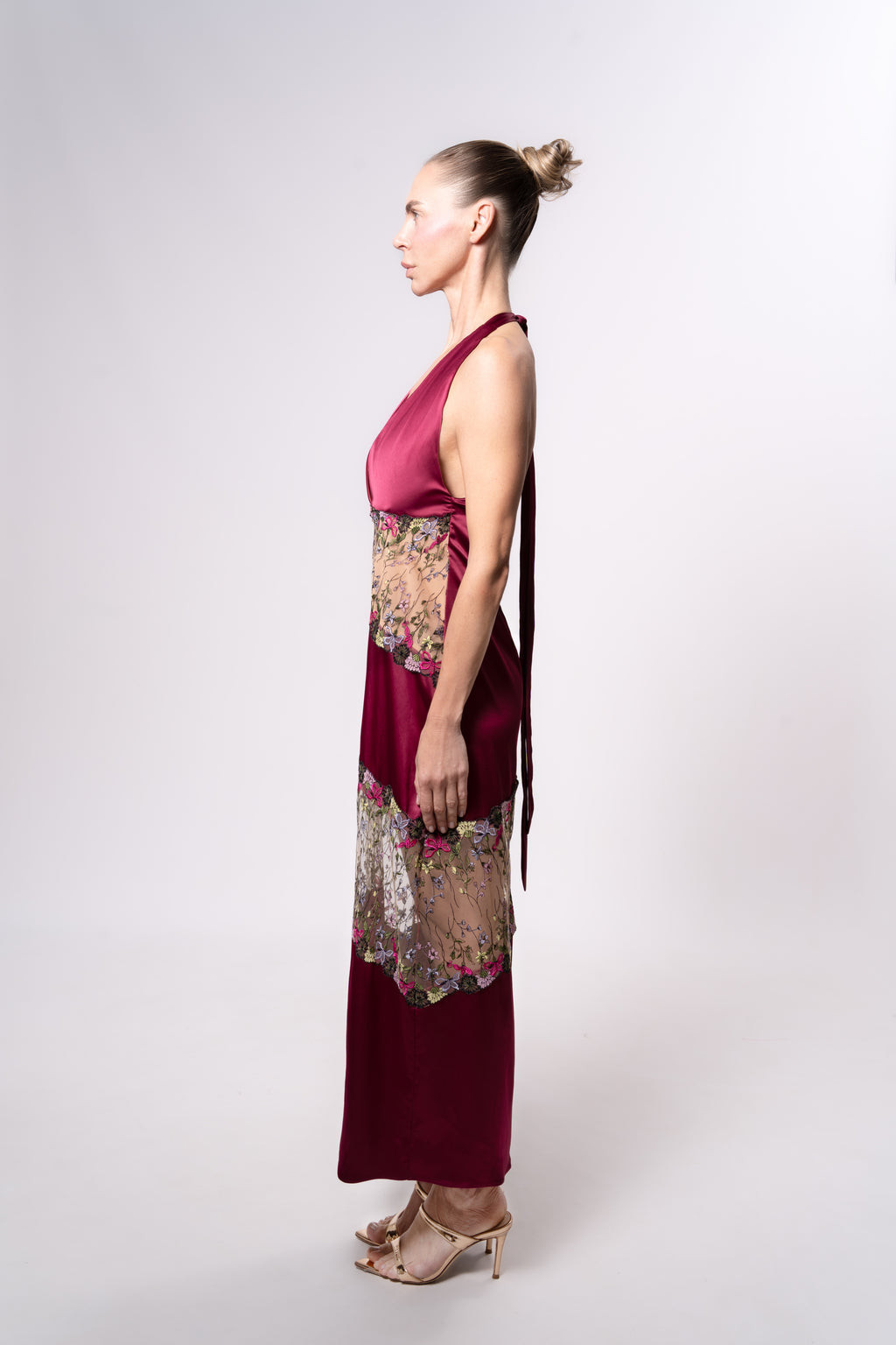Sheer and Satin Halter Midi Dress with Lace Trim in Burgundy