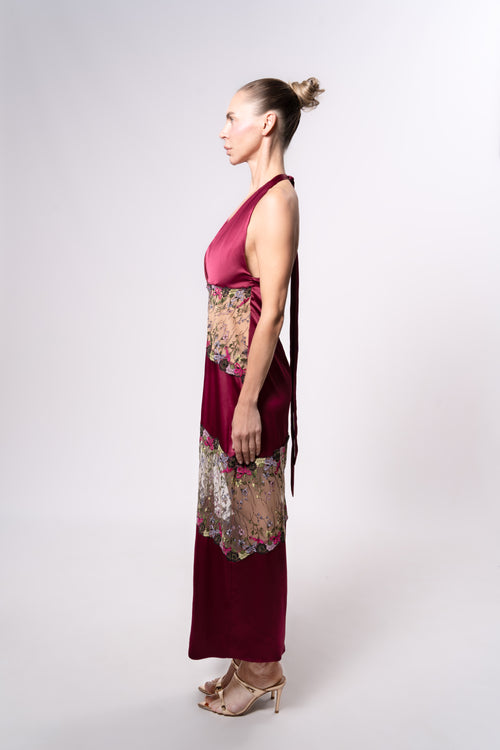 Sheer and Satin Halter Midi Dress with Lace Trim in Burgundy