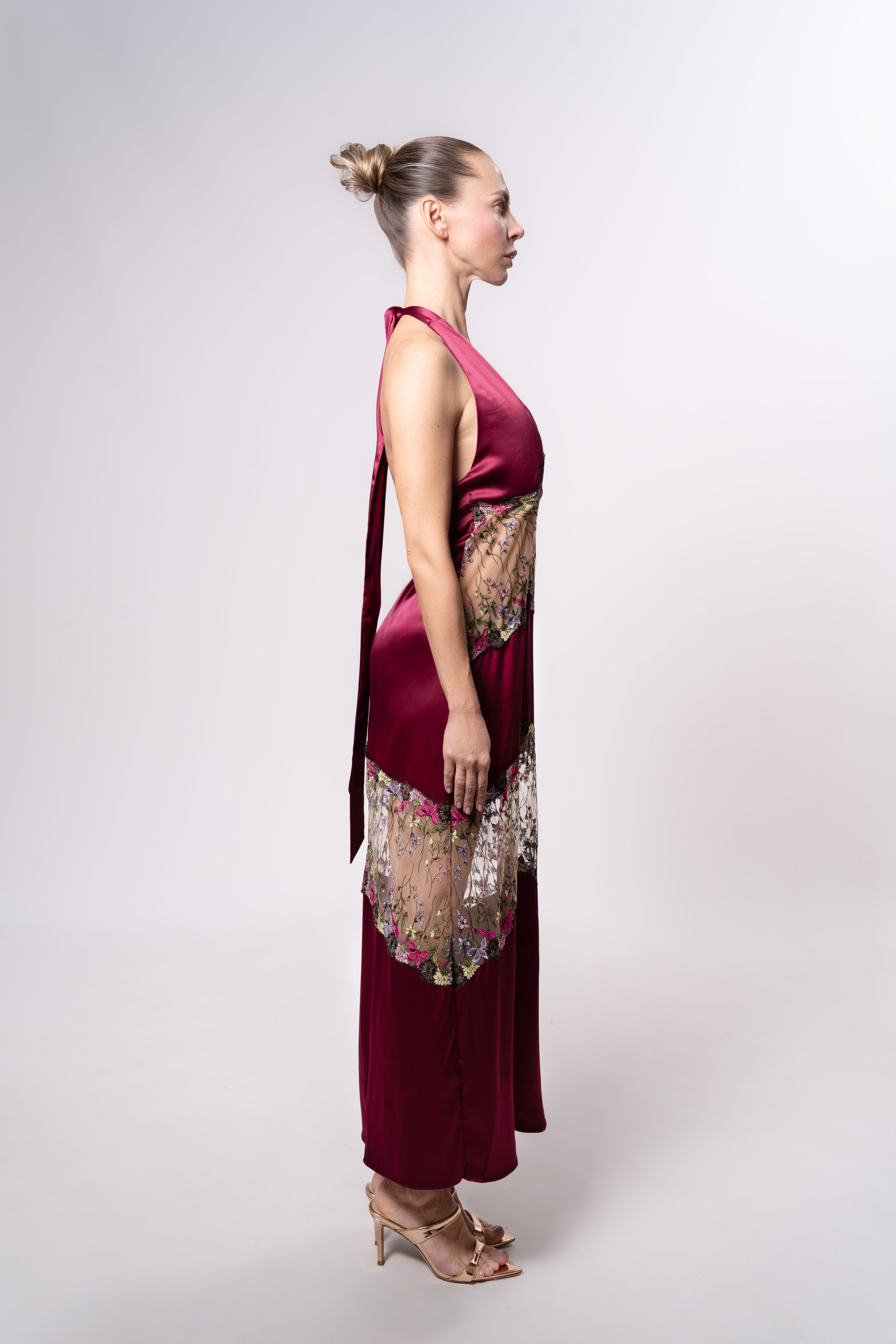 Sheer and Satin Halter Midi Dress with Lace Trim in Burgundy