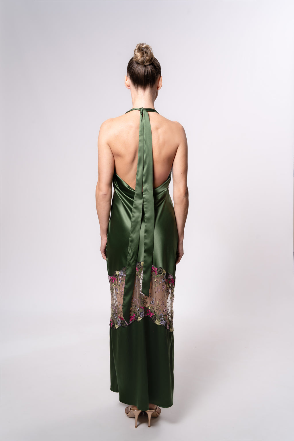 Sheer and Satin Halter Midi Dress with Lace Trim in Green