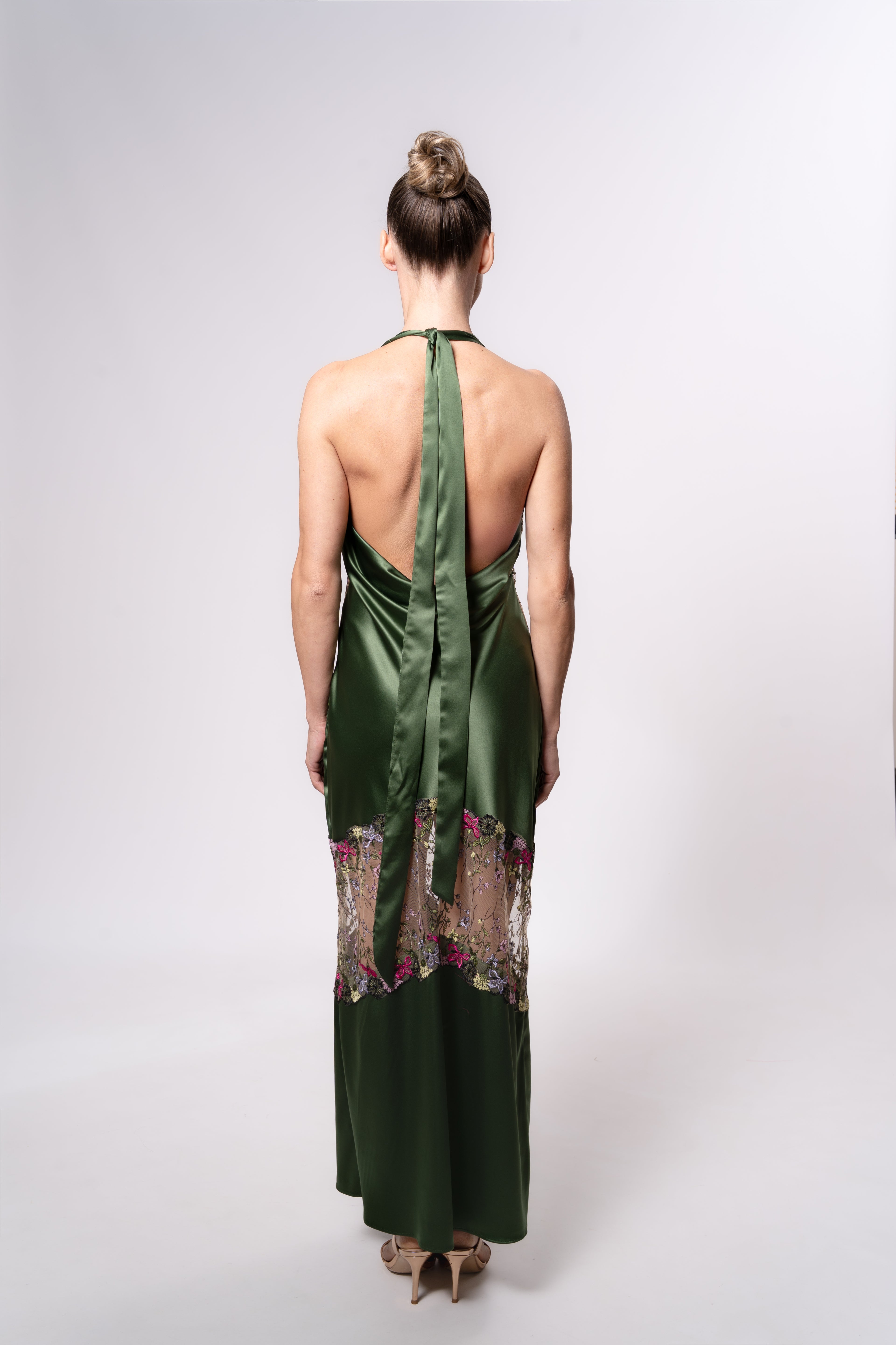 Sheer and Satin Halter Midi Dress with Lace Trim in Green