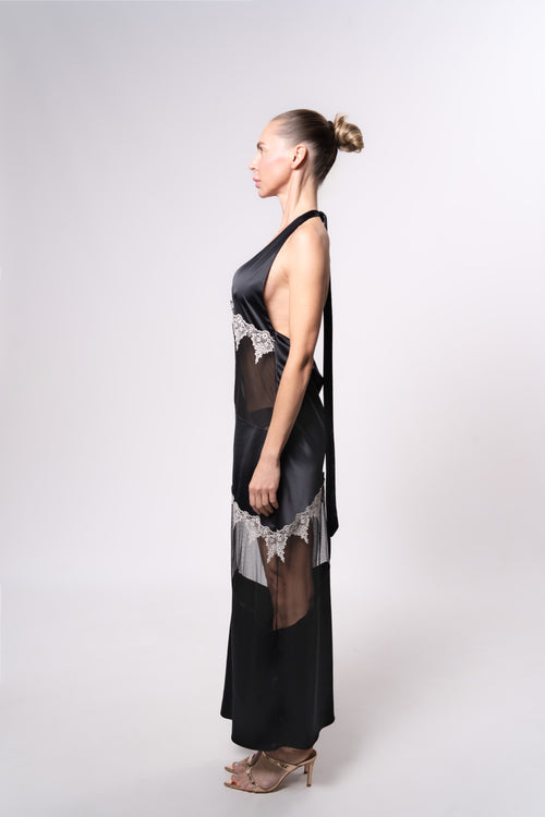 Sheer and Satin Halter Midi Dress with Lace Trim in Black