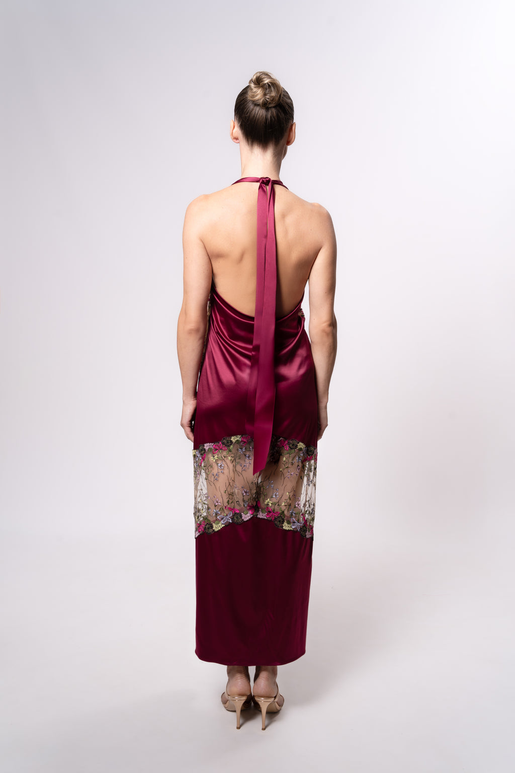 Sheer and Satin Halter Midi Dress with Lace Trim in Burgundy