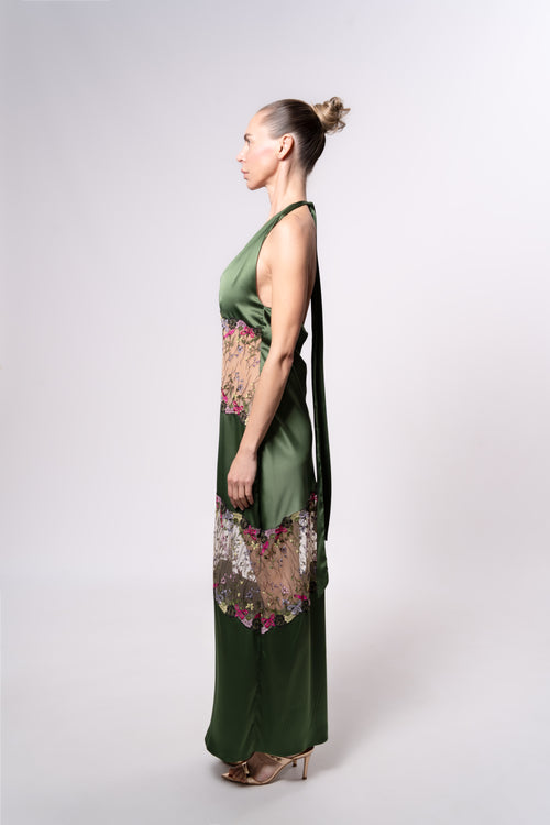 Sheer and Satin Halter Midi Dress with Lace Trim in Green