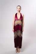 Sheer and Satin Halter Midi Dress with Lace Trim in Burgundy