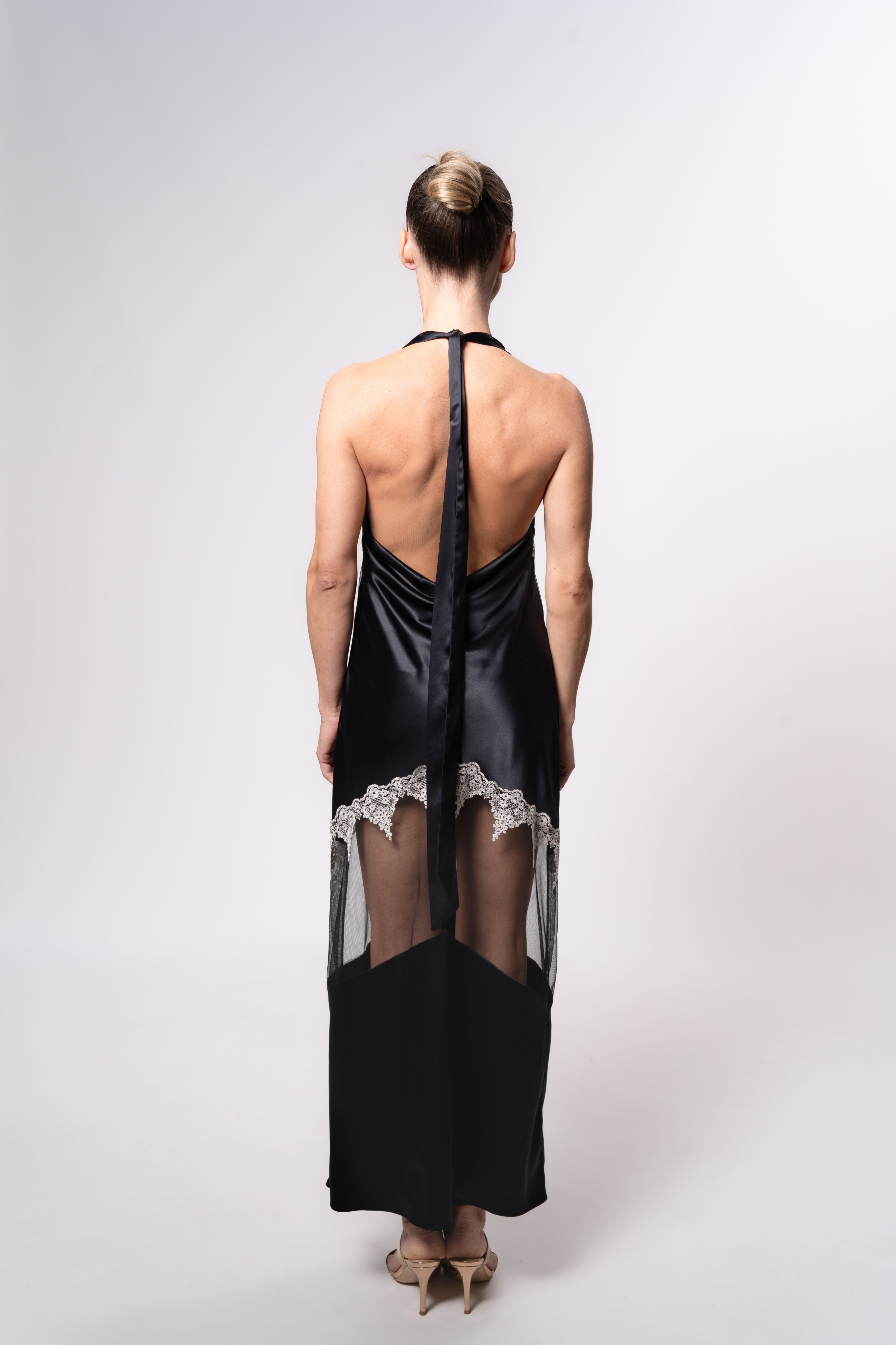 Sheer and Satin Halter Midi Dress with Lace Trim in Black