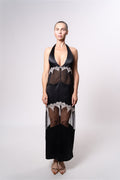 Sheer and Satin Halter Midi Dress with Lace Trim in Black