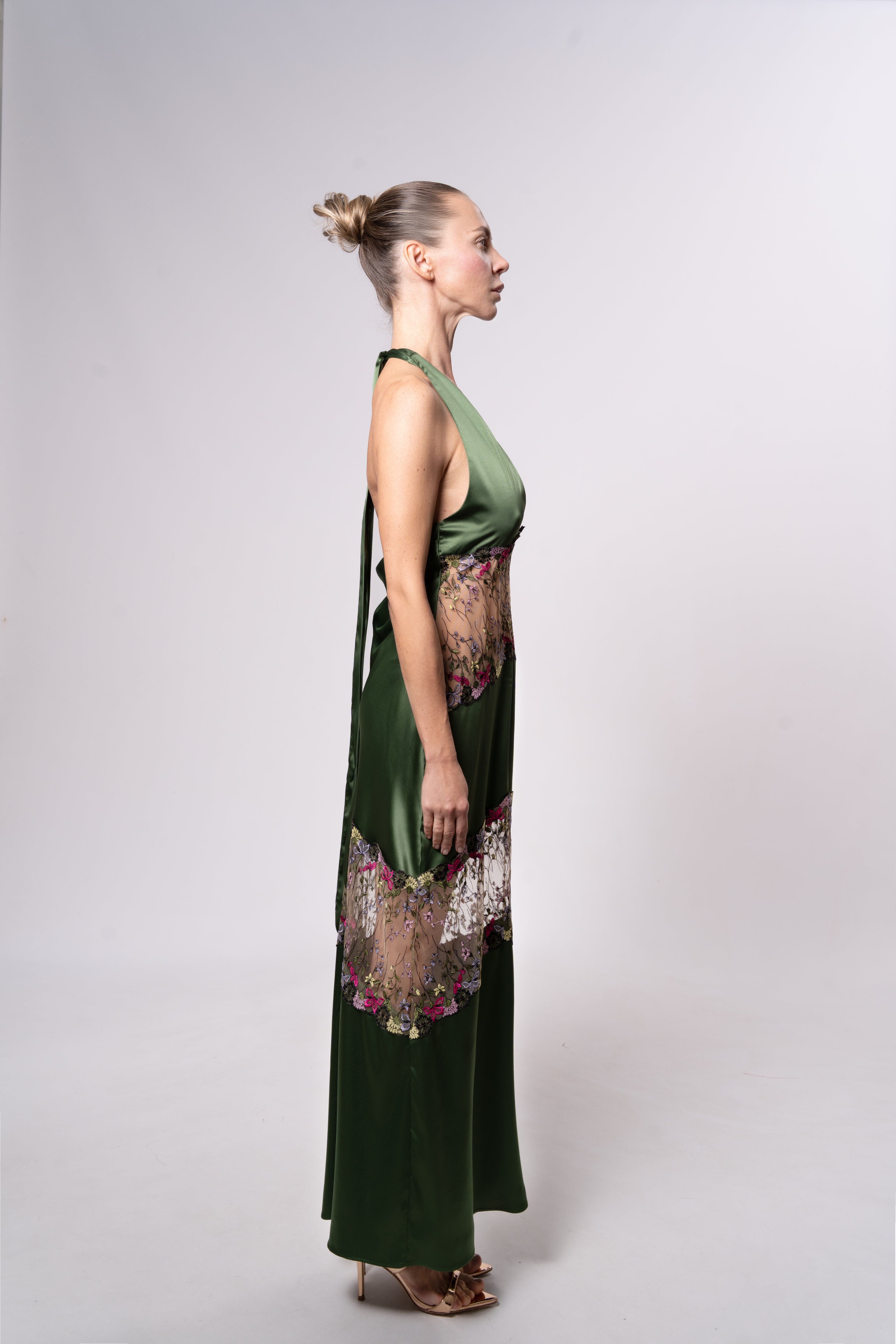 Sheer and Satin Halter Midi Dress with Lace Trim in Green